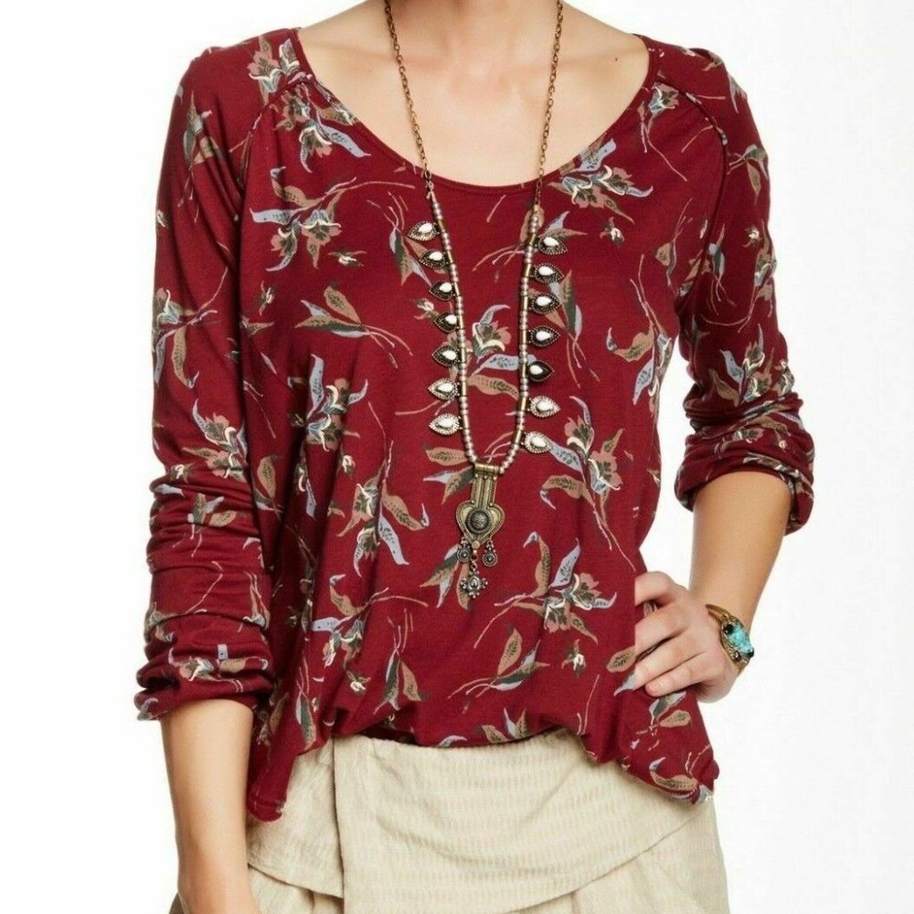 Free People, Size Medium, Maroon Floral Long Sleeve
